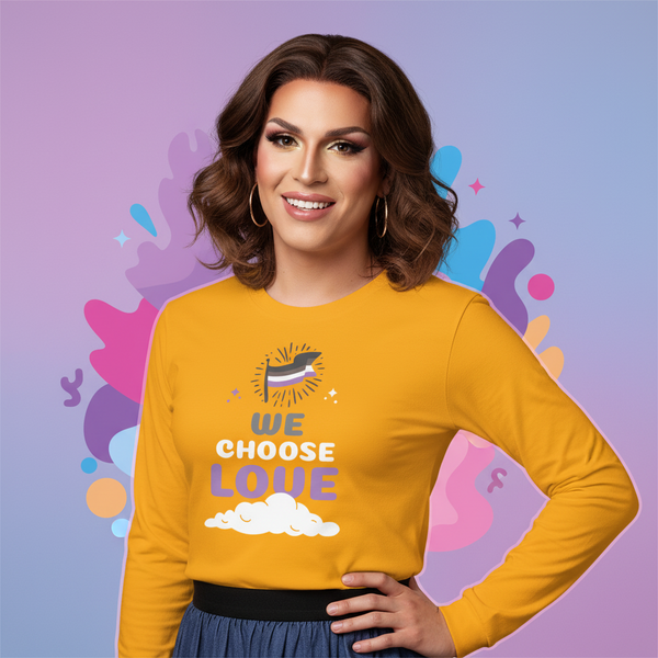 Asexual We Choose Love Unisex Long Sleeve T-Shirt with “We Choose Love,” rainbow, stars, clouds, and bold abstract colors.