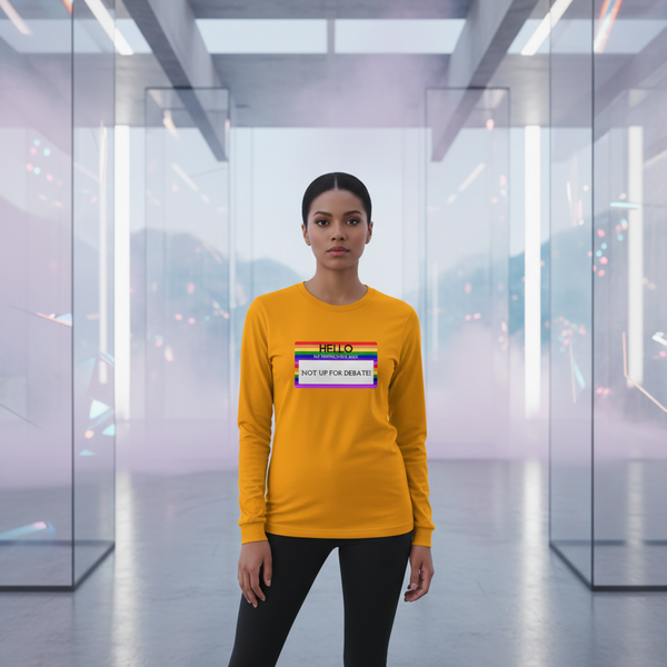 Yellow unisex long sleeve tee reads 