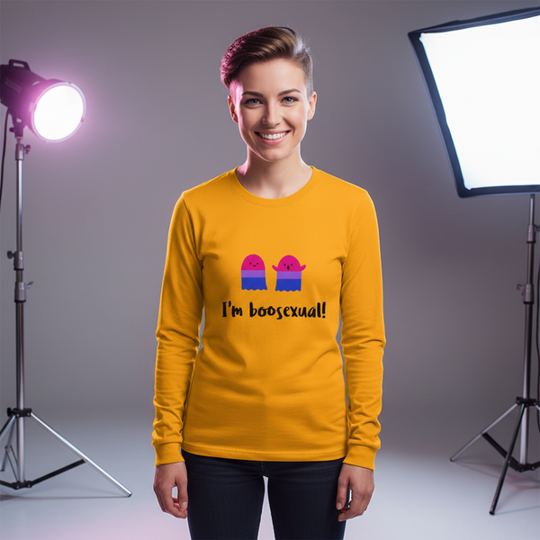 Model wearing a mustard long-sleeve shirt reading “I'm boosexual!” with two ghost graphics