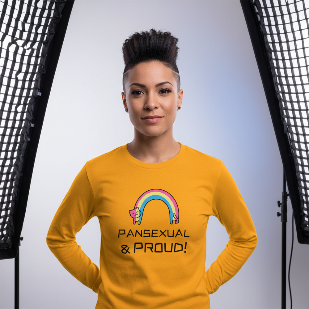 Person modeling a mustard long-sleeve shirt with a cat and rainbow graphic reading “PANSEXUAL & PROUD!”