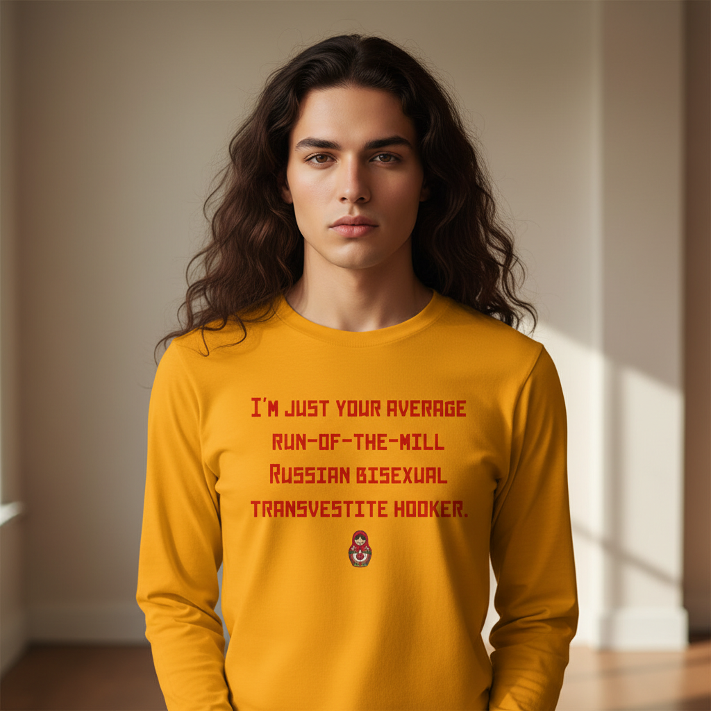 Front-facing model wears a mustard long-sleeve shirt with red text and a matryoshka graphic.