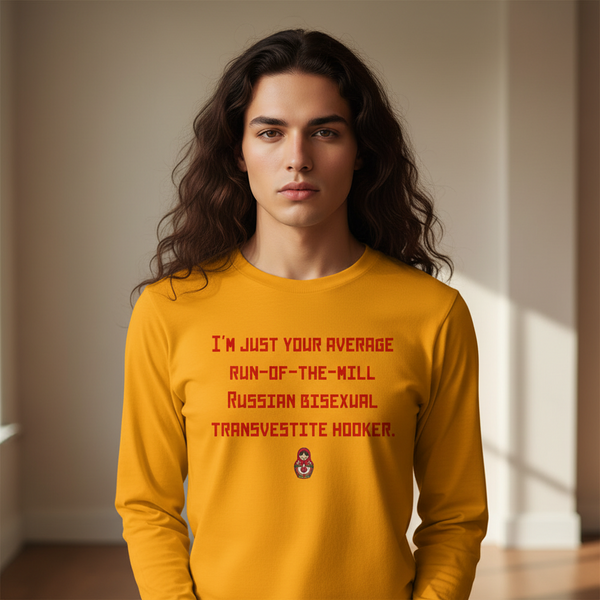 Front-facing model wears a mustard long-sleeve shirt with red text and a matryoshka graphic.