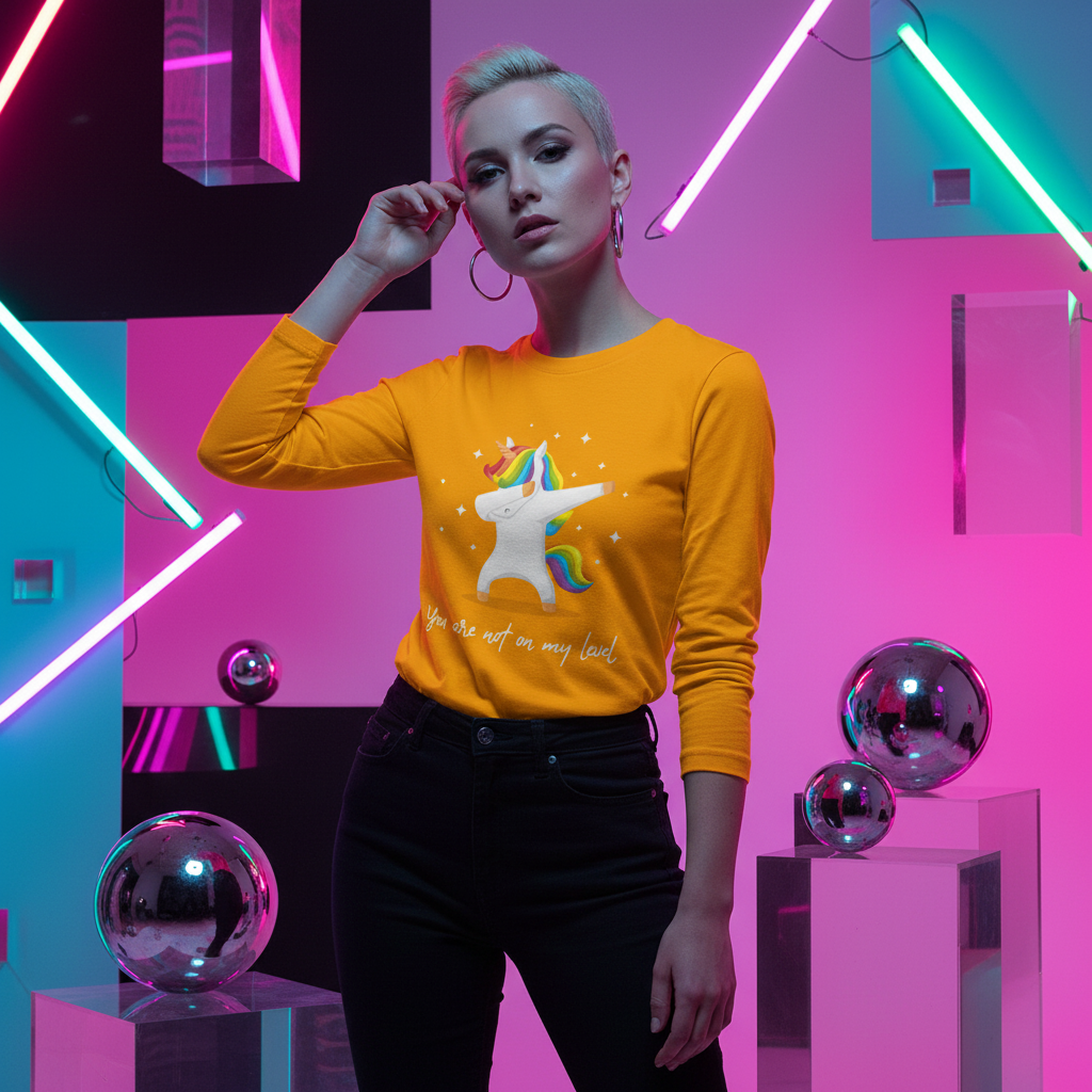 Model wearing a mustard long-sleeve shirt with a dabbing unicorn and “You are not on my level” text