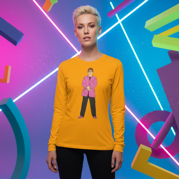 Front-facing model wearing a mustard long-sleeve shirt with a pink-suited cartoon figure