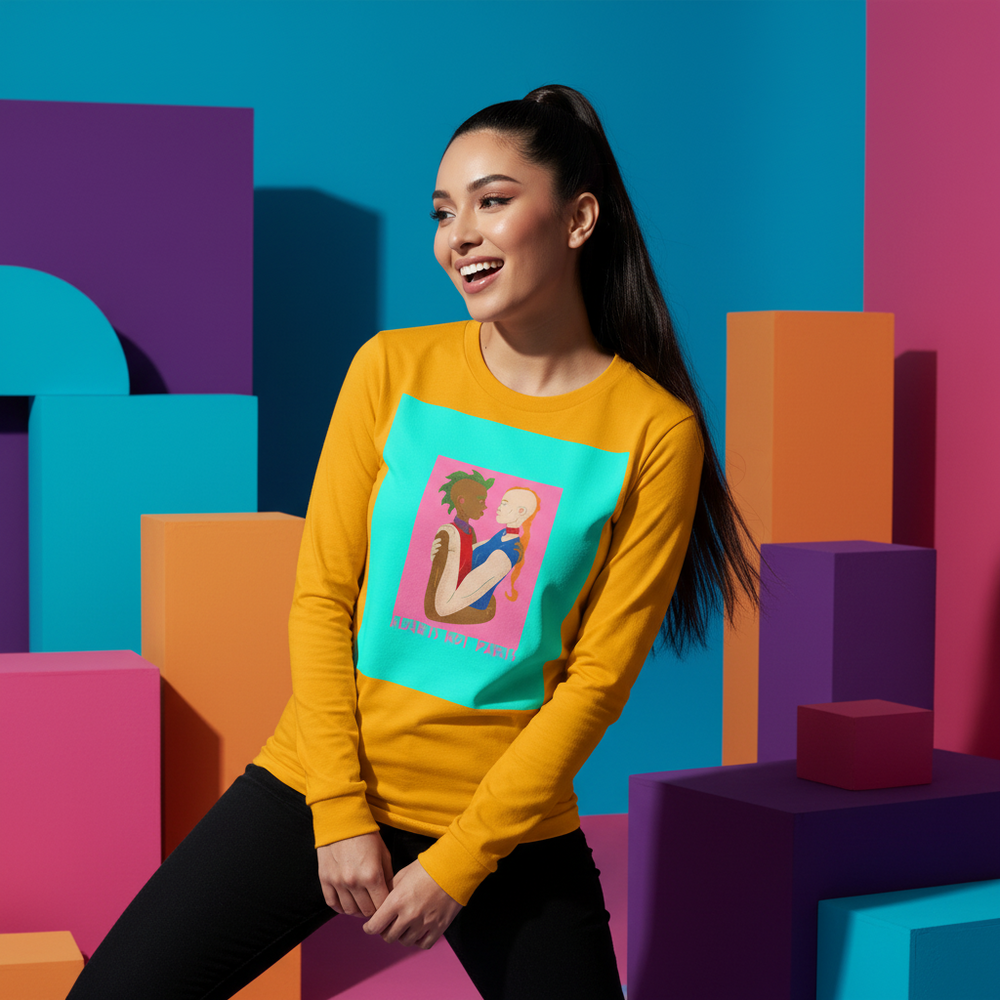 Model wearing a mustard long-sleeve shirt with a turquoise embracing-figures graphic and pink text