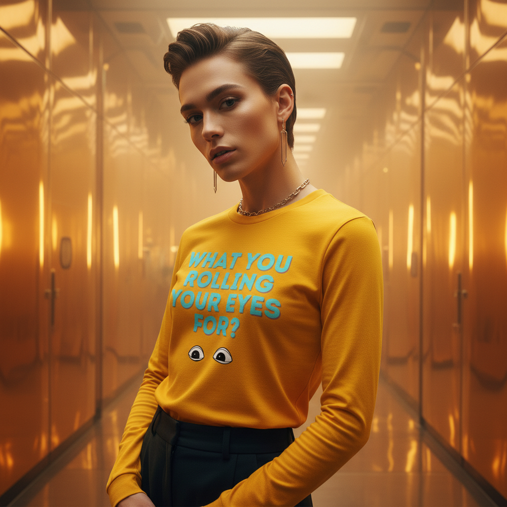Model wearing a mustard-yellow long-sleeve shirt reading “WHAT YOU ROLLING YOUR EYES FOR?”