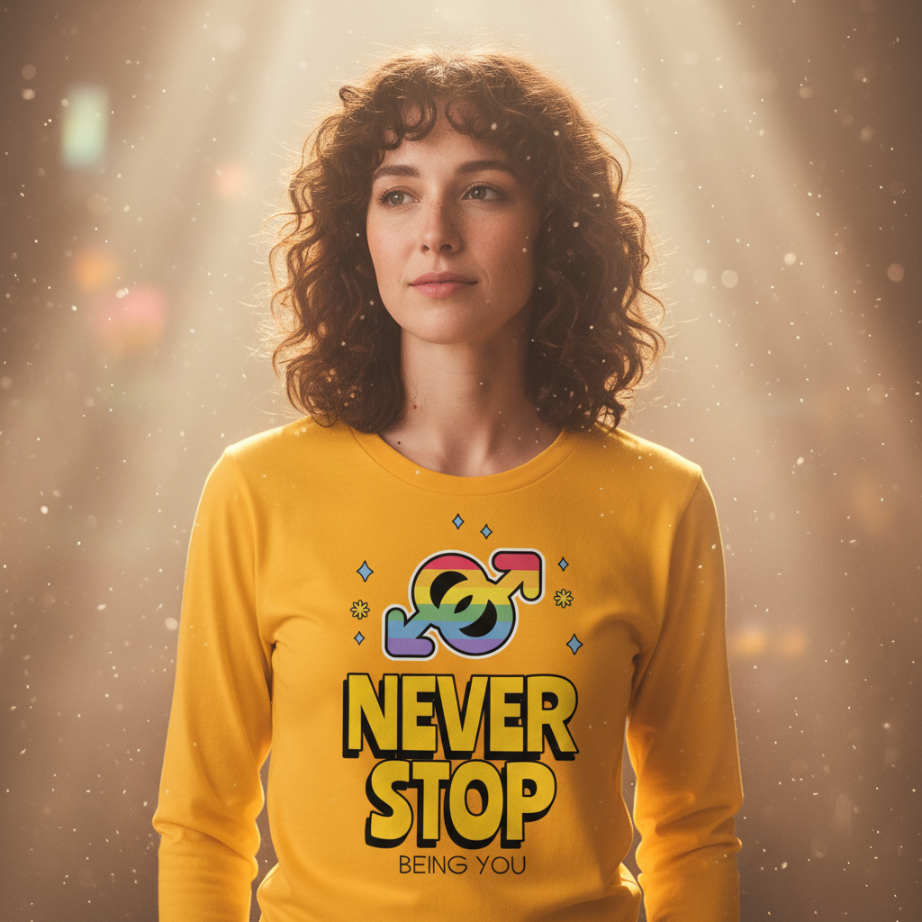 Person wears Never Stop Being You Unisex Long Sleeve T-Shirt, mustard-yellow with rainbow gender-symbol graphic and empowering text, embodying prideful self-expression and inclusivity in a warm, glowing ambiance.
