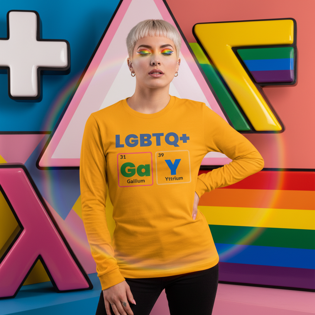 LGBTQ+ "GaY Unisex Long Sleeve T-Shirt" in a vibrant pride setting, worn by a queer person with platinum hair and rainbow makeup.