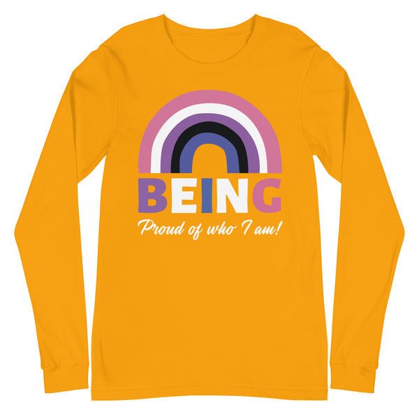 Unisex long sleeve tee in gold with pink, white, purple, black, and blue rainbow stripes, bold multicolor BEING text, and cursive 