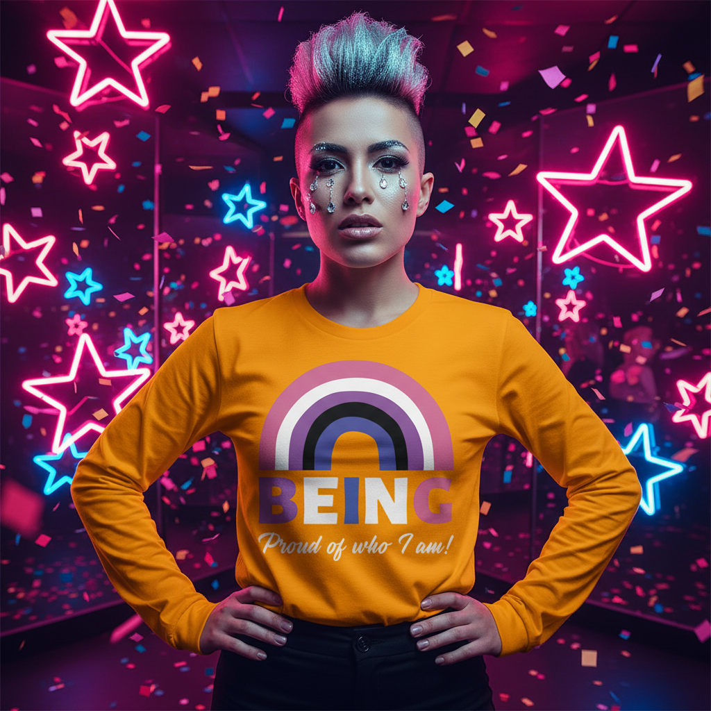 Orange “Being Proud Of Who I Am!” unisex long sleeve tee, rocked by someone with a pink-tipped mohawk and glittery tears, surrounded by neon stars, rainbow, and confetti.