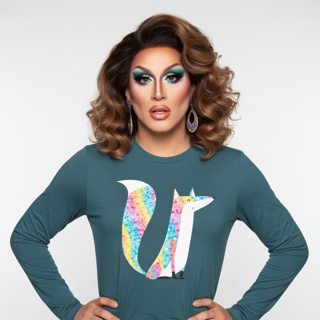 Model wearing a teal long-sleeve shirt with a glittery multicolored fox graphic