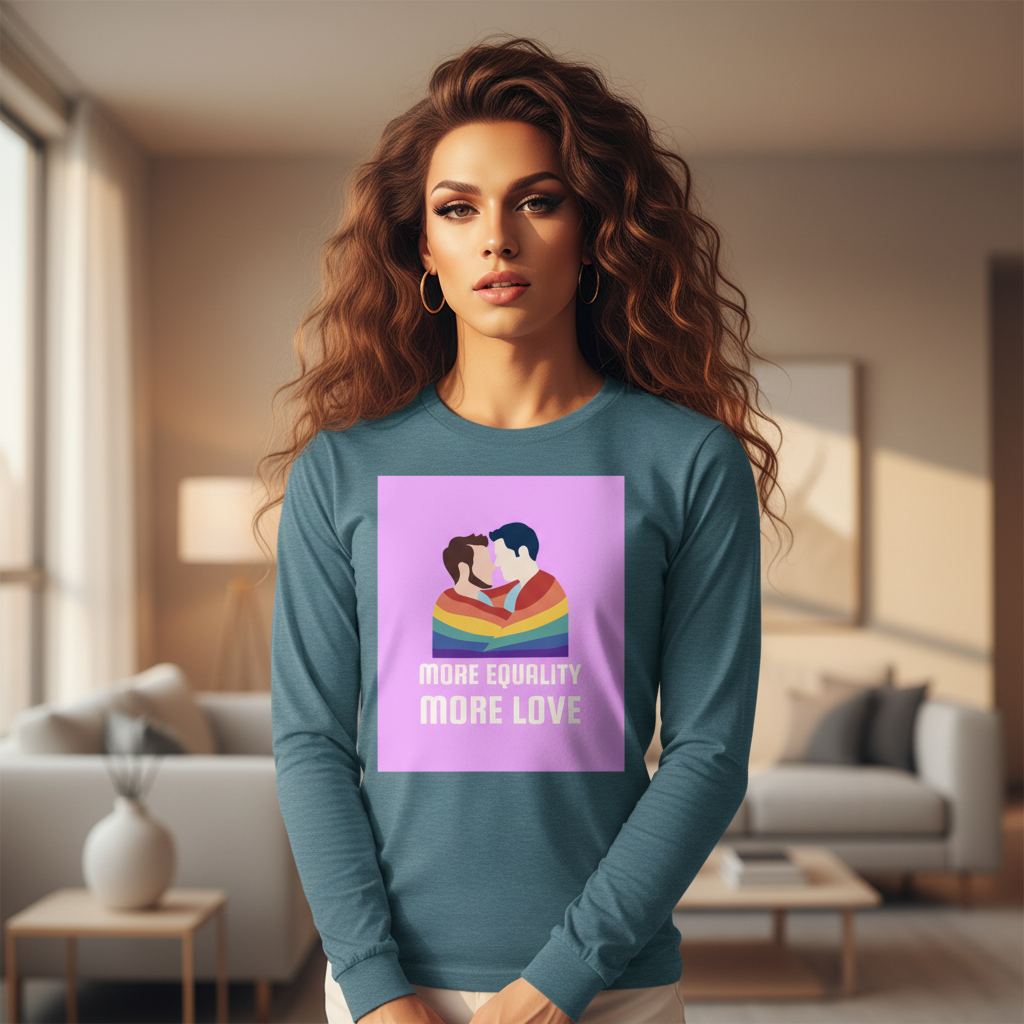 Young woman in a teal LGBT Couple Unisex Long Sleeve T-Shirt with a graphic of two men kissing wrapped in a rainbow banner, embodying pride and love, standing confidently in a modern living room.
