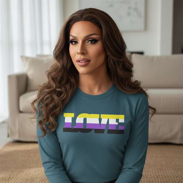 Model wearing a teal long-sleeve shirt with LOVE in yellow, white, purple, and black stripes