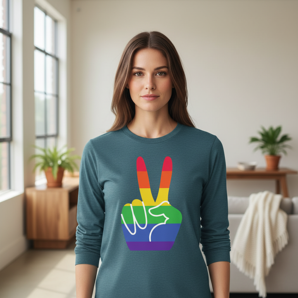 Pride Unisex Long Sleeve T-Shirt featuring a rainbow-striped peace sign worn by a woman, embodying bold queer pride and self-expression in a modern living room setting.