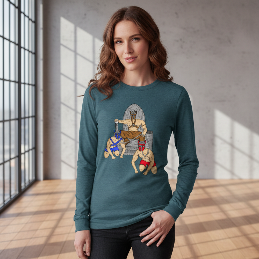 Person modeling a teal long-sleeve shirt with a mythic pup-play illustration