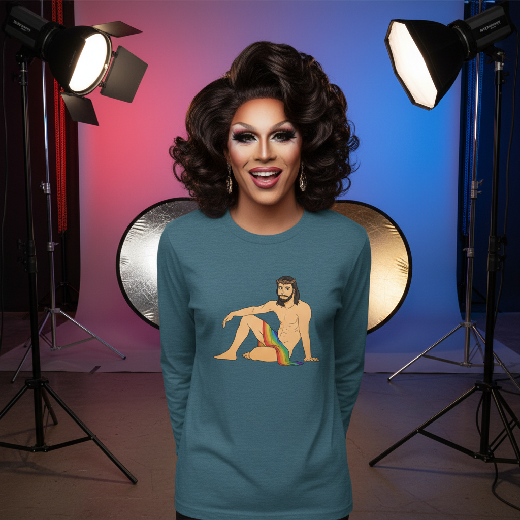 Drag performer wearing a teal long-sleeve shirt with a reclining bearded person and rainbow design