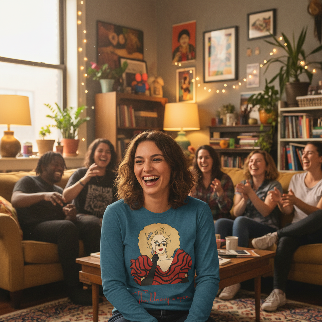 A young woman laughs in a teal shirt featuring The Library Is Open (Rupaul) Unisex Long Sleeve T-Shirt, surrounded by friends, embodying queer pride, joy, and self-expression.