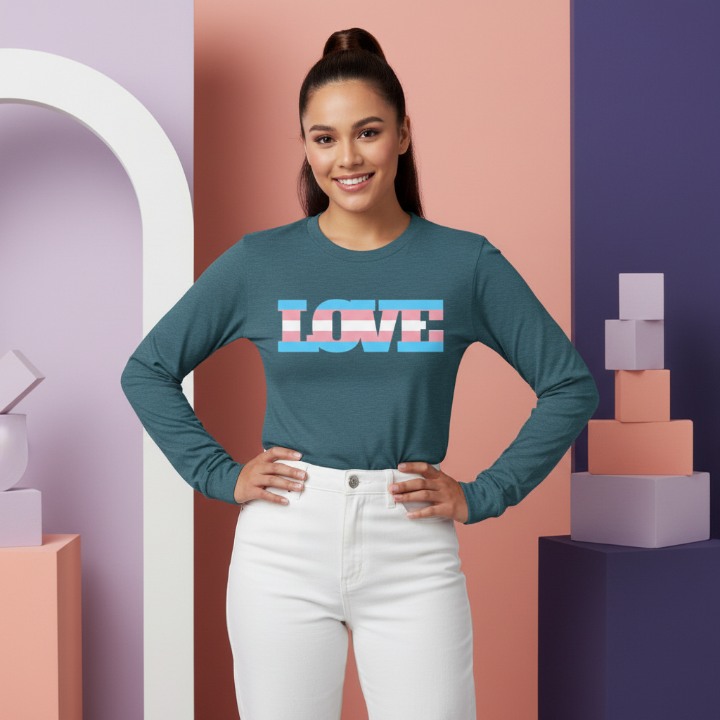 Model wearing a teal long-sleeve shirt with “LOVE” in blue, pink, and white stripes