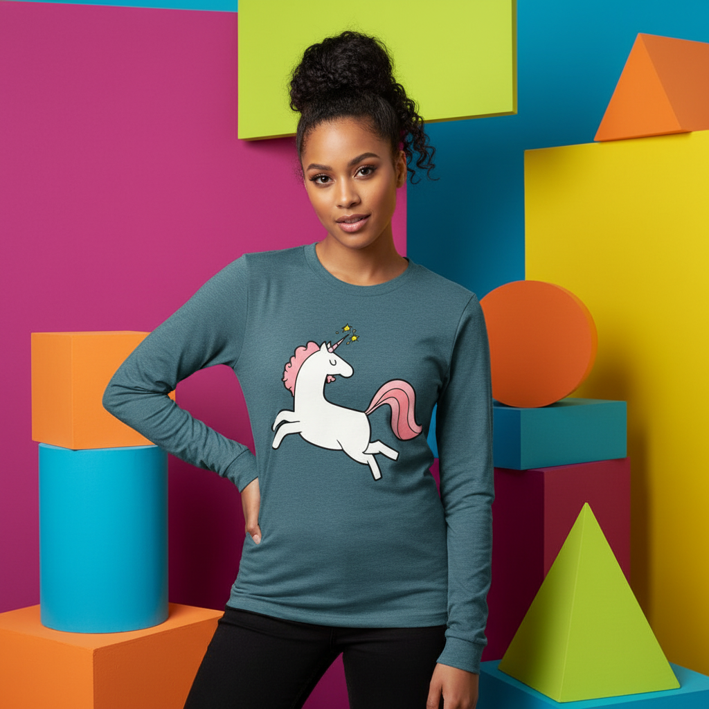 A woman models the Unicorn Unisex Long Sleeve T-Shirt, featuring a cartoon unicorn with a pink mane and golden horn, against a backdrop of colorful geometric shapes, embodying playful and inclusive queer pride.