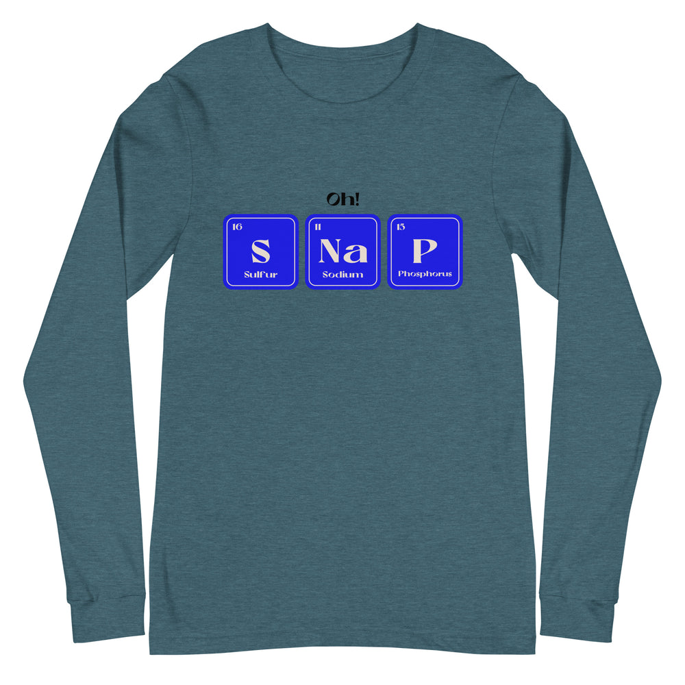 Front-facing teal long-sleeve shirt with “Oh!” above blue S, Na, and P element tiles