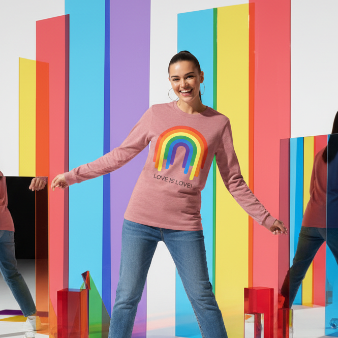 Young woman wearing the Love Is Love Rainbow Unisex Long Sleeve T-Shirt, featuring a vibrant rainbow print and empowering slogan, exuding joyful queer energy against colorful translucent panels.