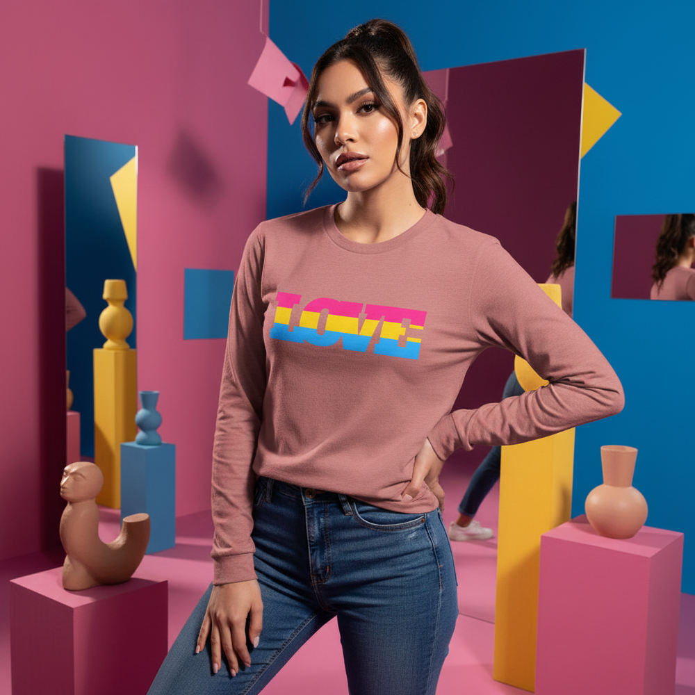 Person wearing a mauve long-sleeve shirt with colorful LOVE lettering and jeans