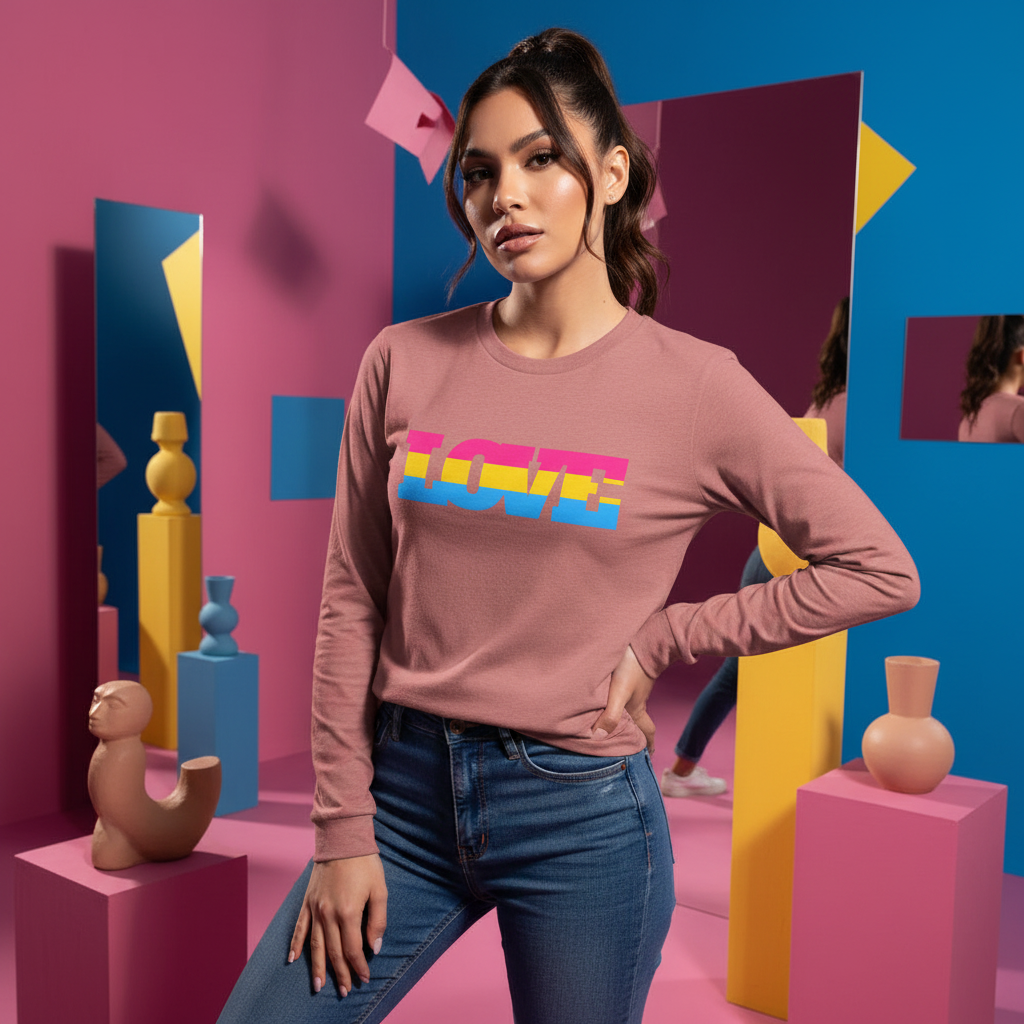 Young woman in a Pansexual Love Unisex Long Sleeve T-Shirt, showcasing vibrant LOVE bands, embodying pride and self-expression, paired with jeans in a geometric studio set.
