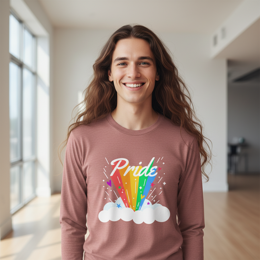Front-facing model wears a mauve long-sleeve shirt reading “Pride” above a rainbow cloud graphic.