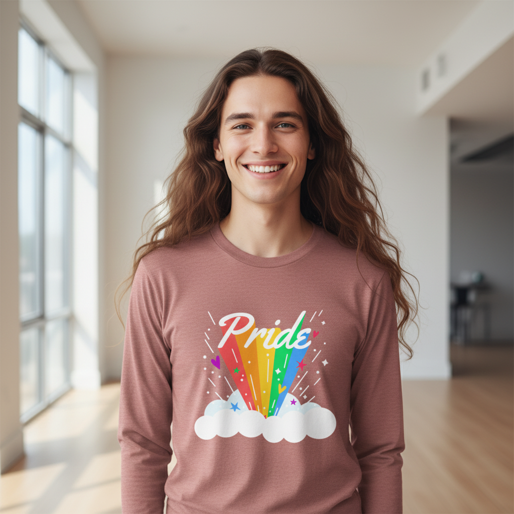 Young person with wavy hair wears a Pride Rainbow Unisex Long Sleeve T-Shirt, featuring vibrant rainbow rays and Pride script, exuding joyful, inclusive energy in a bright, modern room.