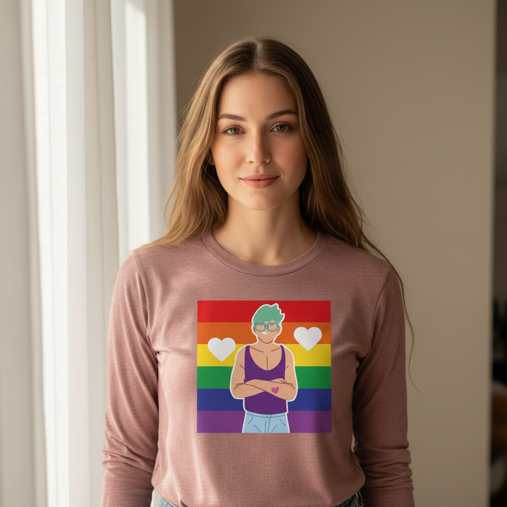 Front-view model wearing a mauve long-sleeve shirt with a rainbow heart graphic