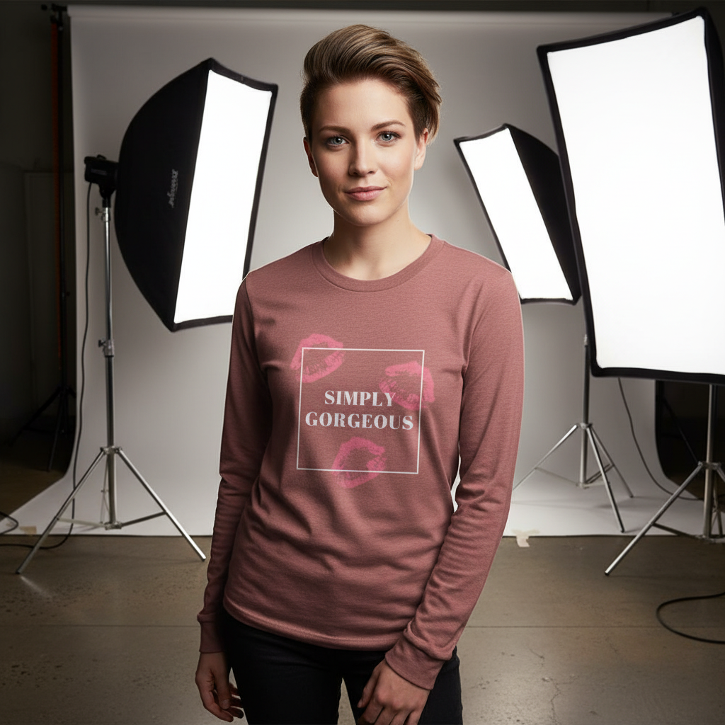 Young person stands confidently in studio, wearing the Simply Gorgeous unisex long sleeve t-shirt, adorned with lipstick-kiss graphics and empowering text, celebrating queer pride and self-expression.