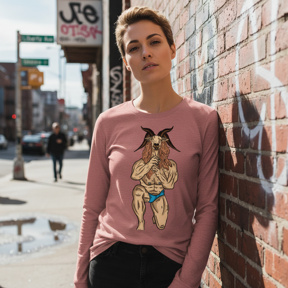 Person wearing a dusty-rose long-sleeve shirt with a horned goat-person illustration