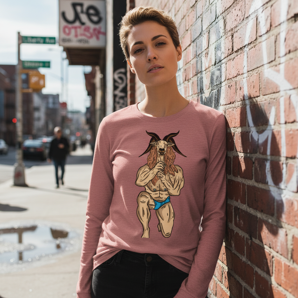 Person wearing a dusty-rose long-sleeve shirt with a horned goat-person illustration