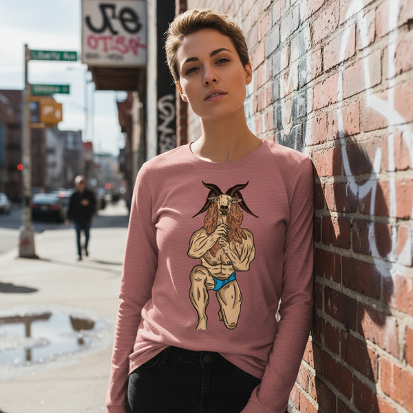 Person wearing a dusty-rose long-sleeve shirt with a horned goat-person illustration