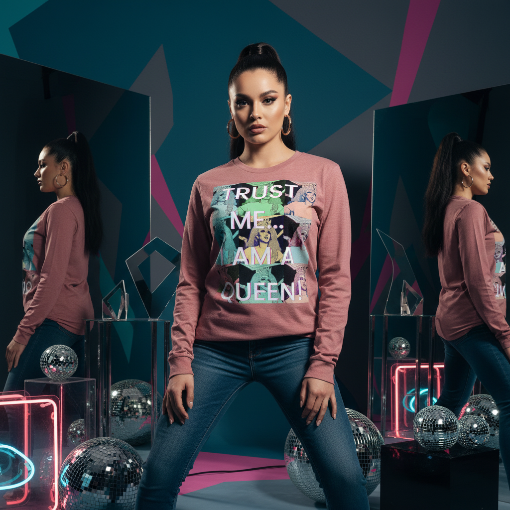 Trust Me...I Am A Queen! Unisex Long Sleeve T-Shirt worn by a confident woman in a dynamic, neon-lit setting with disco balls and mirrors, embodying bold queer pride and self-expression.