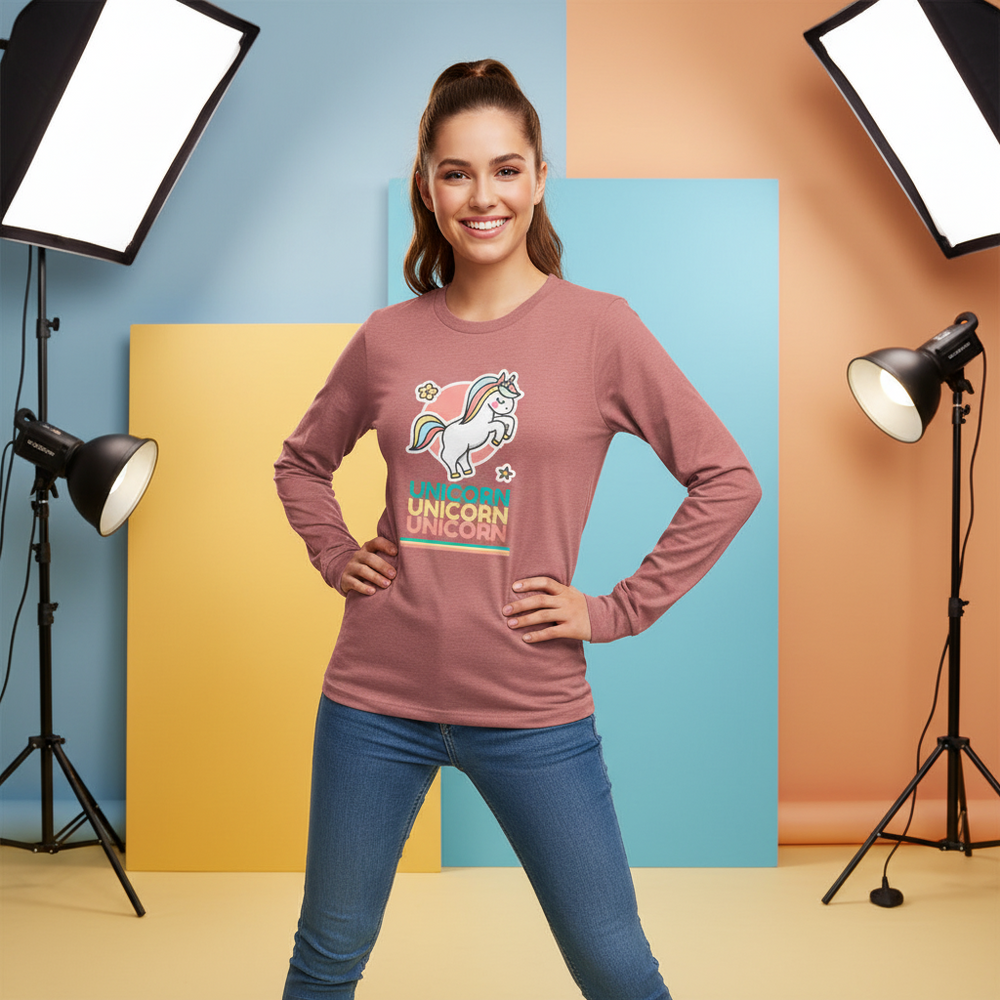 Smiling person models a mauve long-sleeve shirt with a unicorn graphic and “UNICORN” text.