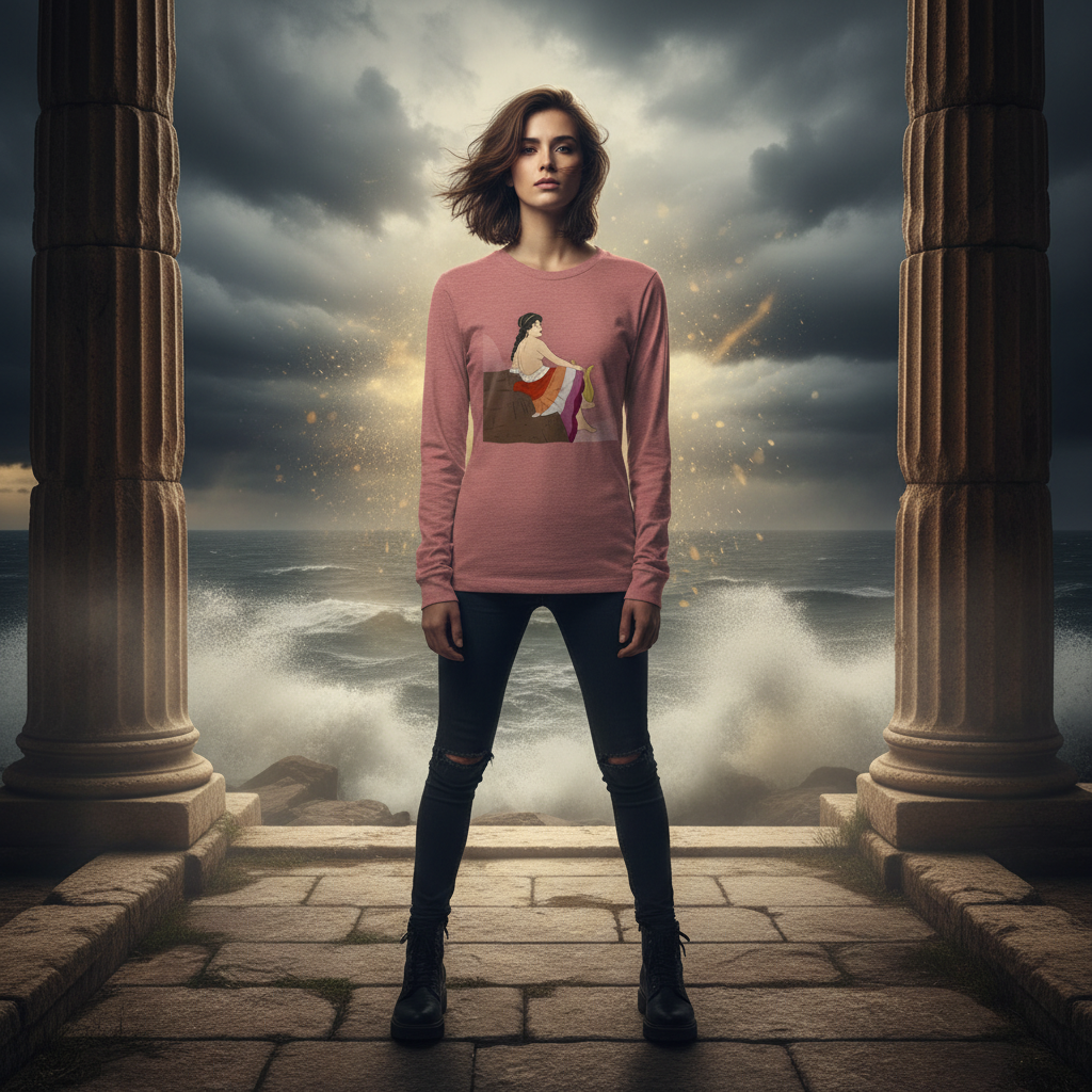 Sappho Of Lesbos Unisex Long Sleeve T-Shirt in golden sunlight, worn by a woman between ancient sea-facing columns, waves crashing.