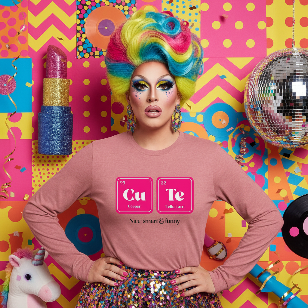 Drag performer in vibrant pop-art scene wearing the CuTe Nice Smart & Funny Unisex Long Sleeve T-Shirt with Cu and Te tiles, paired with a colorful sequin skirt, celebrating pride and self-expression.