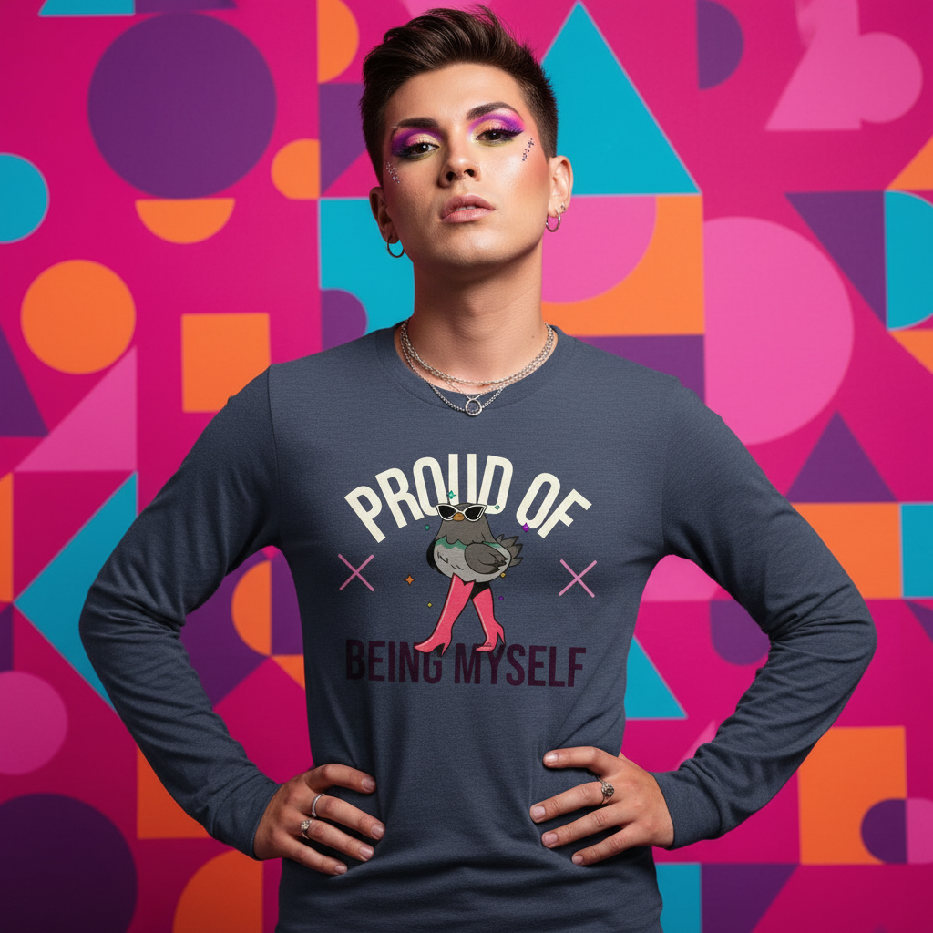 Person wearing a Proud Of Being Myself Unisex Long Sleeve T-Shirt featuring a cartoon bird with sunglasses, exuding confidence and queer pride, standing against a vibrant geometric backdrop.