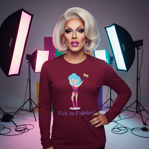 Drag performer models a burgundy long-sleeve shirt with a cartoon figure and “Bitch, I’m Fabulous!” text