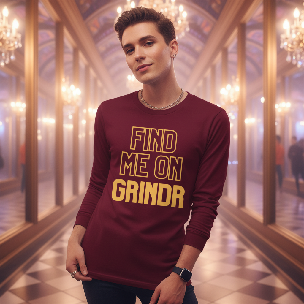 Unisex long sleeve tee, maroon with bold yellow "FIND ME ON GRINDR" slogan; queer man poses in chandelier-lit mirrored hall.