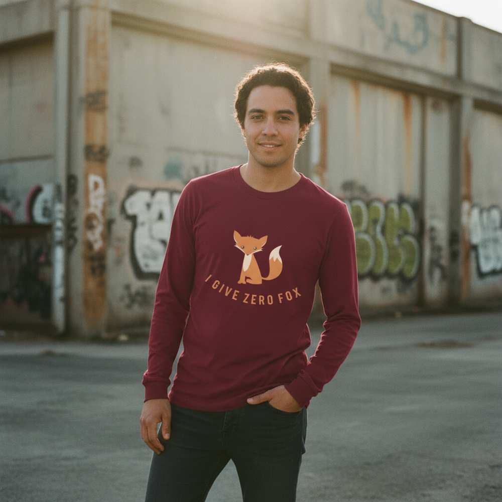 I Give Zero Fox unisex long sleeve tee on a guy with dark curls, smiling by a bright graffiti wall, chill queer vibes.