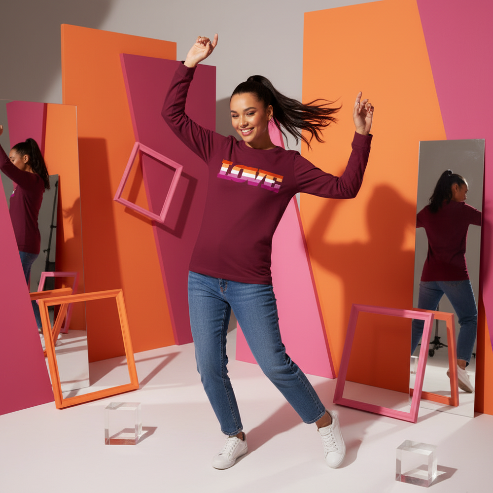 Model in a burgundy long-sleeve shirt with striped LOVE lettering, jeans, and sneakers