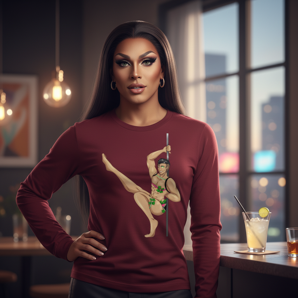 Person in a chic setting wearing the Love At A Gay Gogo Bar Unisex Long Sleeve T-Shirt, featuring a pole dancer with leaf design, exuding bold, sexy, queer pride and self-expression.