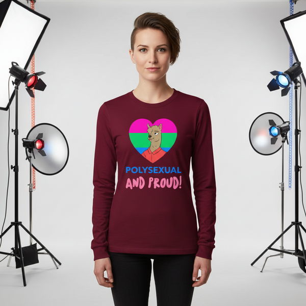 Front-facing model wears a burgundy long-sleeve shirt reading “POLYSEXUAL AND PROUD!”