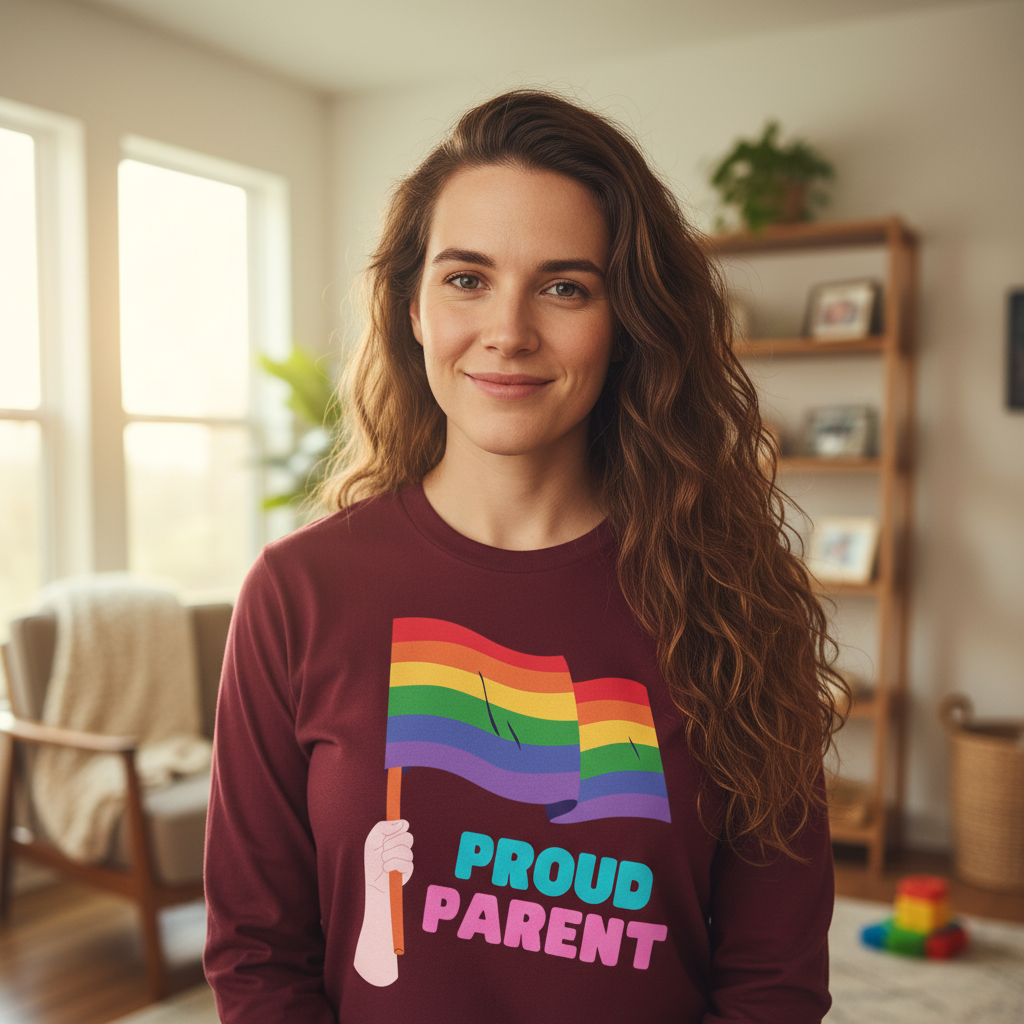 Young woman in a cozy room wears the Proud Parent Unisex Long Sleeve T-Shirt, showcasing a hand with a rainbow pride flag and PROUD PARENT text, embodying prideful empowerment and visibility.
