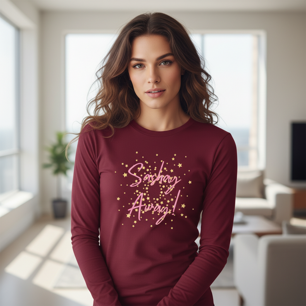 Model wearing a burgundy long-sleeve shirt with pink “Sashay Away!” text and yellow stars
