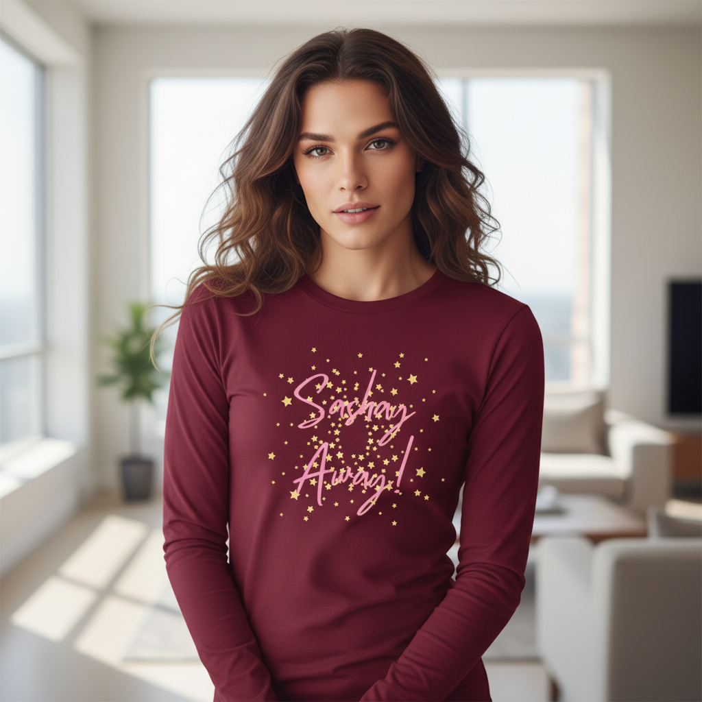 Model wearing a burgundy long-sleeve shirt with pink “Sashay Away!” text and yellow stars