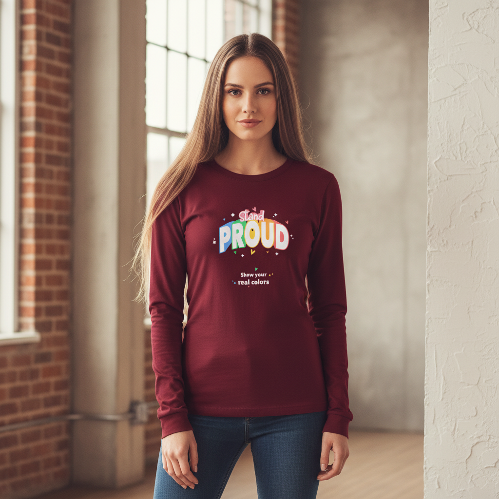 Young woman confidently wearing the Stand Proud Unisex Long Sleeve T-Shirt, featuring vibrant lettering, showcasing queer pride and self-expression in a stylish loft setting. Perfect for versatile, empowering outfits.