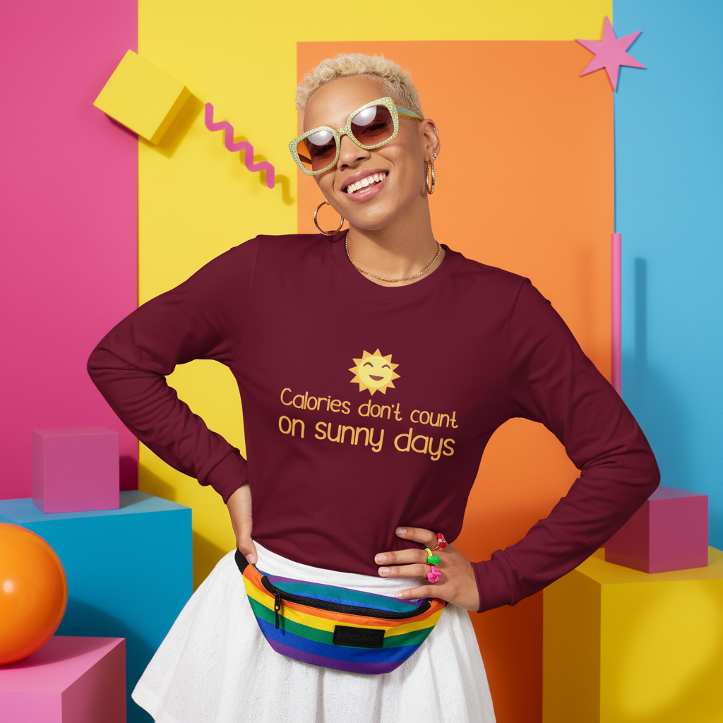 Smiling person models the Calories Don't Count On Sunny Days unisex long sleeve tee, showcasing queer pride with vibrant style, oversized sunglasses, hoop earrings, and a rainbow-striped fanny pack.